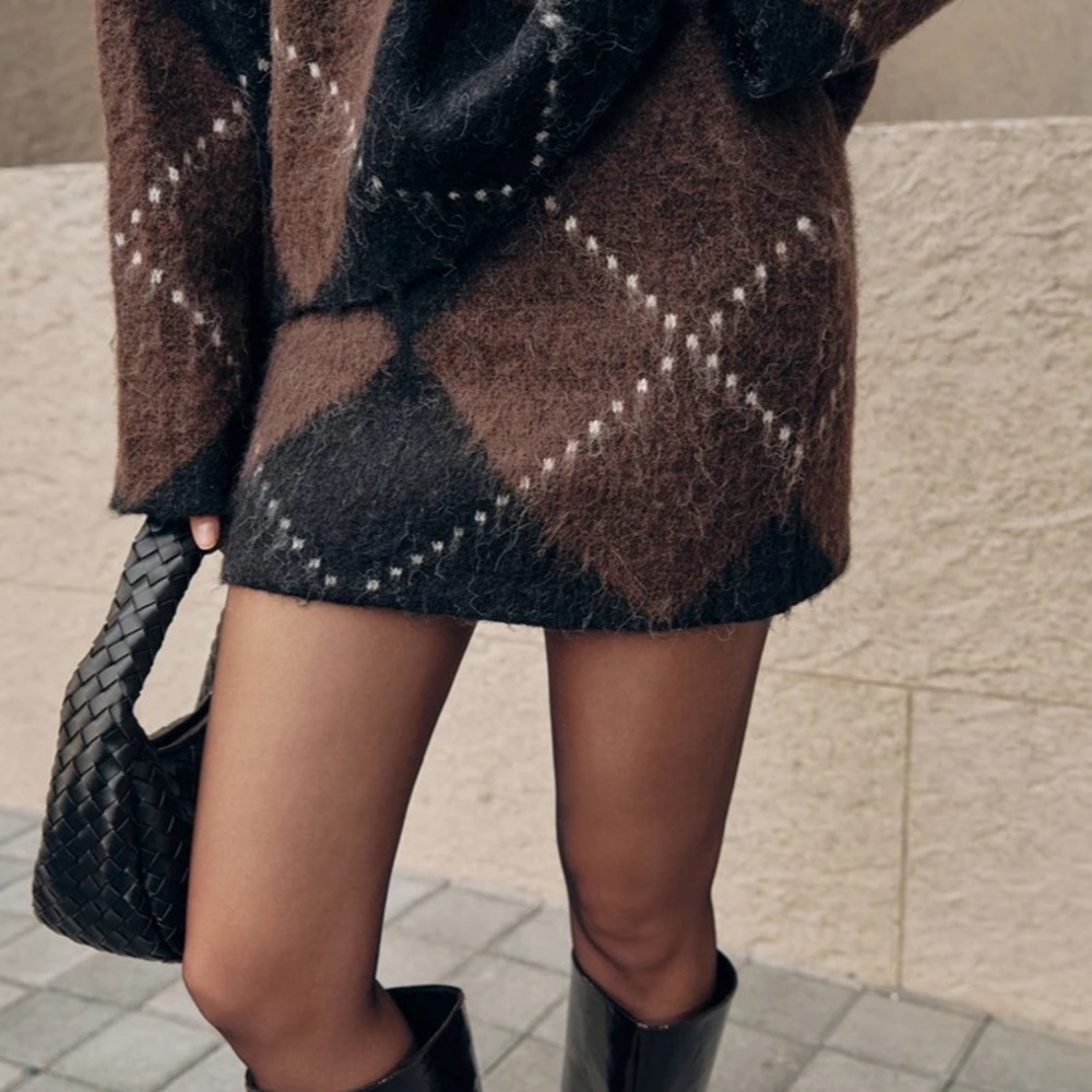 NWT COMMENSE ARGYLE WOOL BLEND MINI SKIRT IN BROWN & BLACK SZ XS